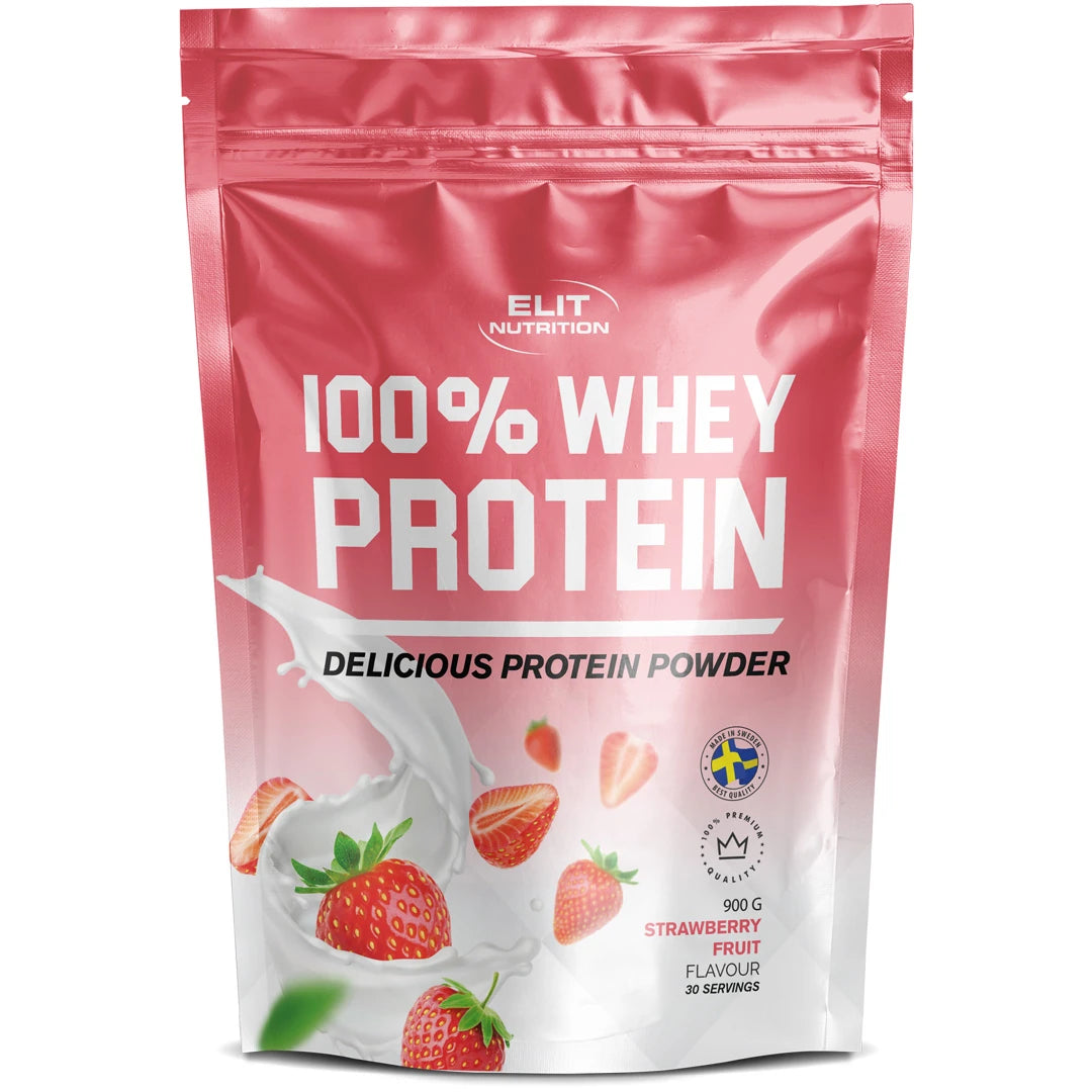 Elit Nutrition 100% Whey Protein 900 g proteinpulver i en rosa påse med jordgubbar för smaken Strawberry Fruit., bild 2 av 6
