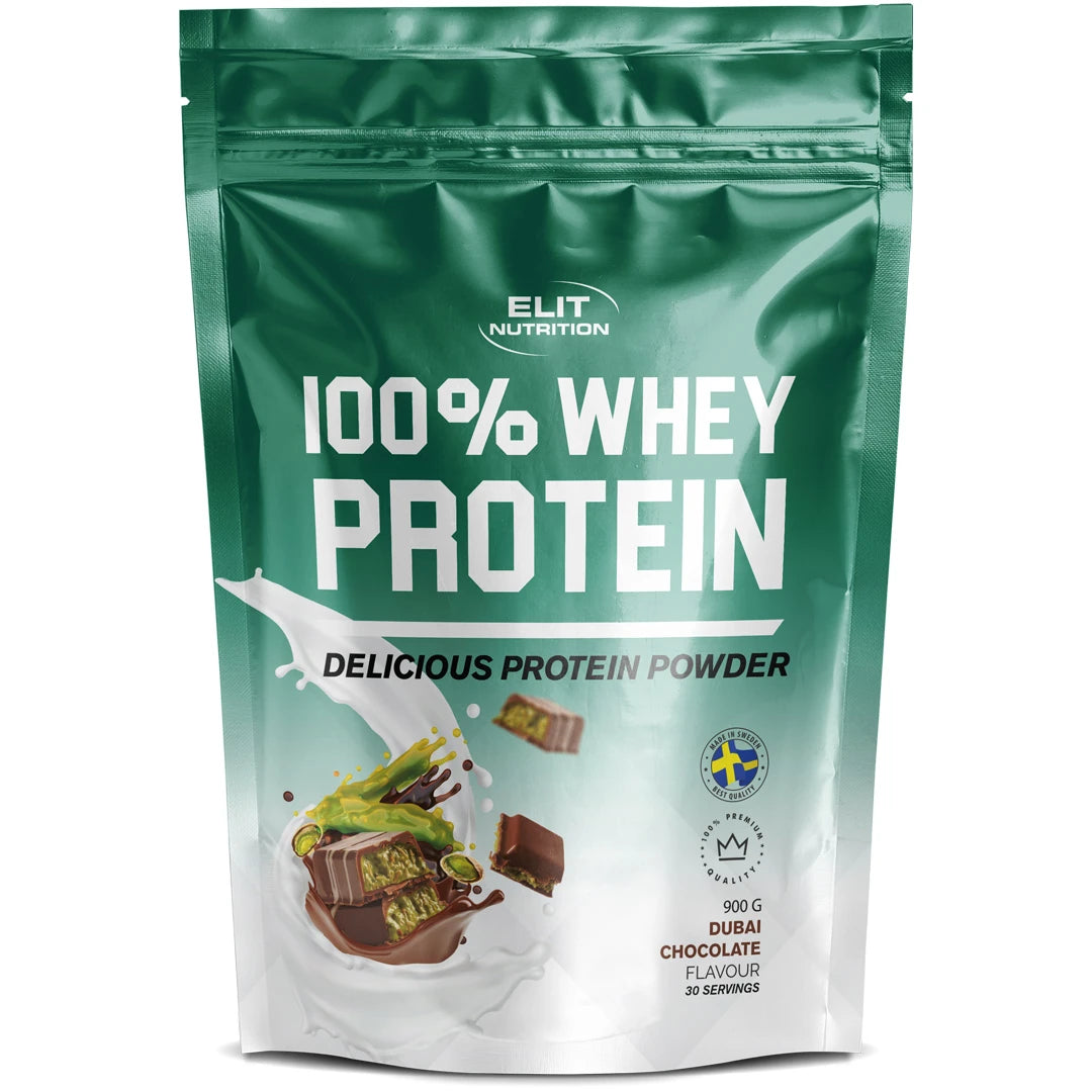 Elit Nutrition 100% Whey Protein 900 g proteinpulver i en grön påse för smaken Dubai Chocolate., bild 5 av 6