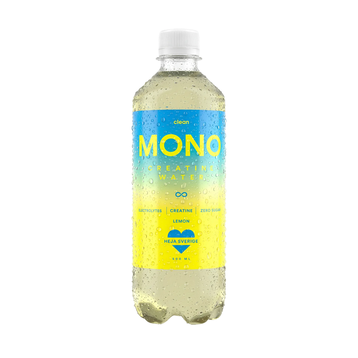 Clean MONO Creatine Water 500 ml i en genomskinlig flaska med blå och gul etikett för smaken Lemon.