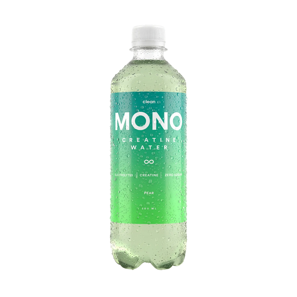 Clean MONO Creatine Water 500 ml drickfärdigt kreatinvatten i en transparent flaska med en turkos och grön etikett för smaken Pear., bild 3 av 3