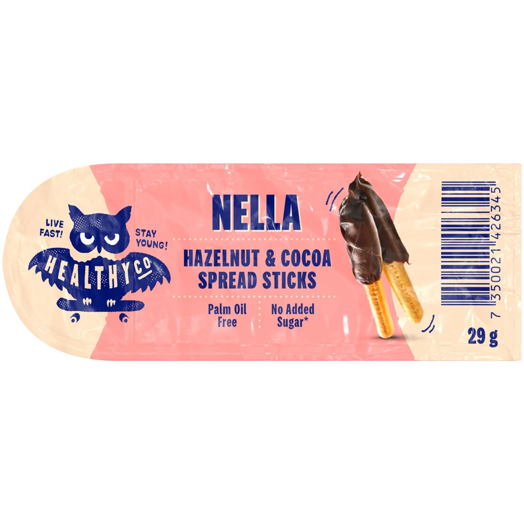 Healthyco NELLA 29 g snacks med hasselnöt och kakao i en rosa förpackning med chokladdoppade pinnar., bild 1 av 1