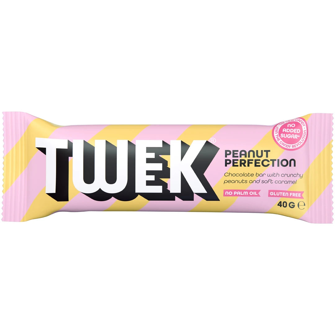 Tweek Sweets Bar 40 g chokladbar i smaken Peanut Perfection i ett gult och rosarandigt omslag.