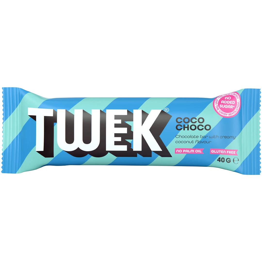 Tweek Sweets Bar 40 g chokladbar i en ljusblå och turkos randig förpackning med smaken Coco Choco., bild 2 av 3