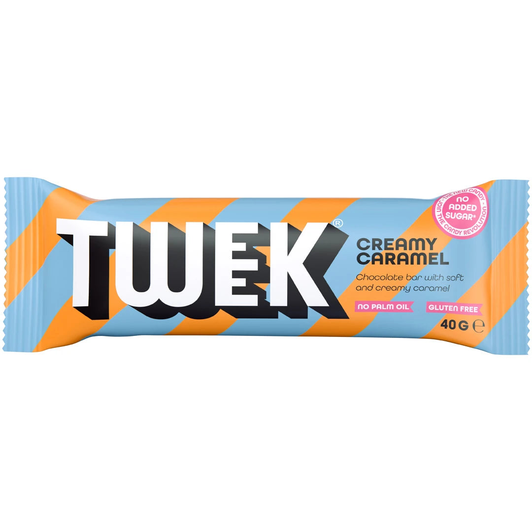 Tweek Sweets Bar 40 g chokladbar i en ljusblå och orangerandig förpackning för smaken Creamy Caramel., bild 3 av 3