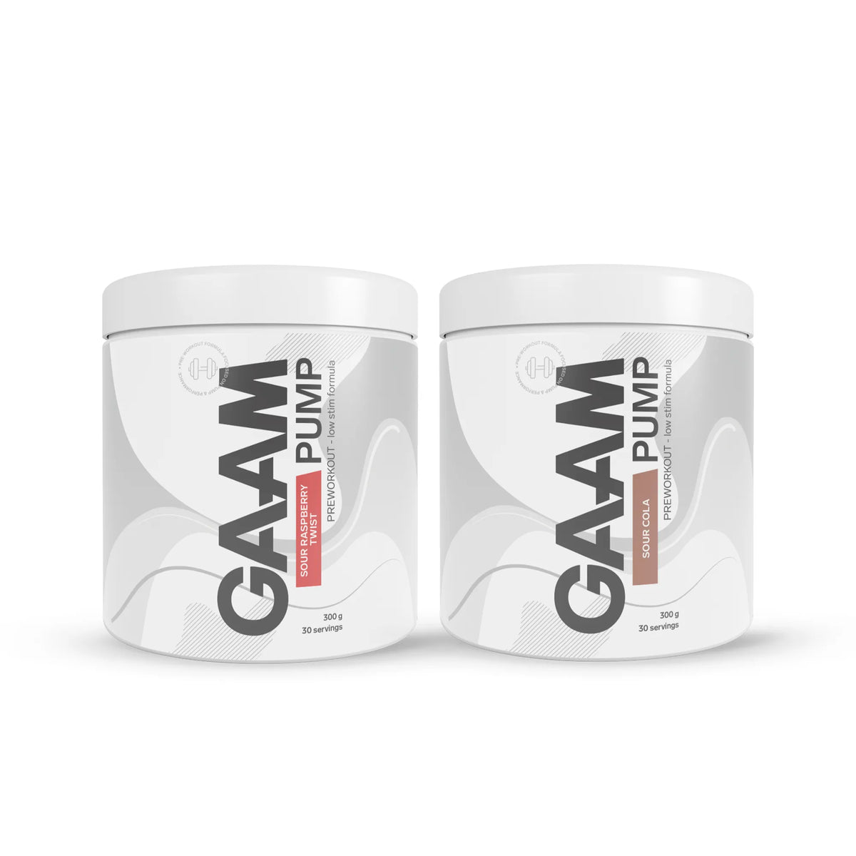 2 x GAAM PUMP 300 g i ett 2-pack med vita burkar och grå mönster för smakerna Sour Raspberry Twist och Sour Cola., bild 1 av 1