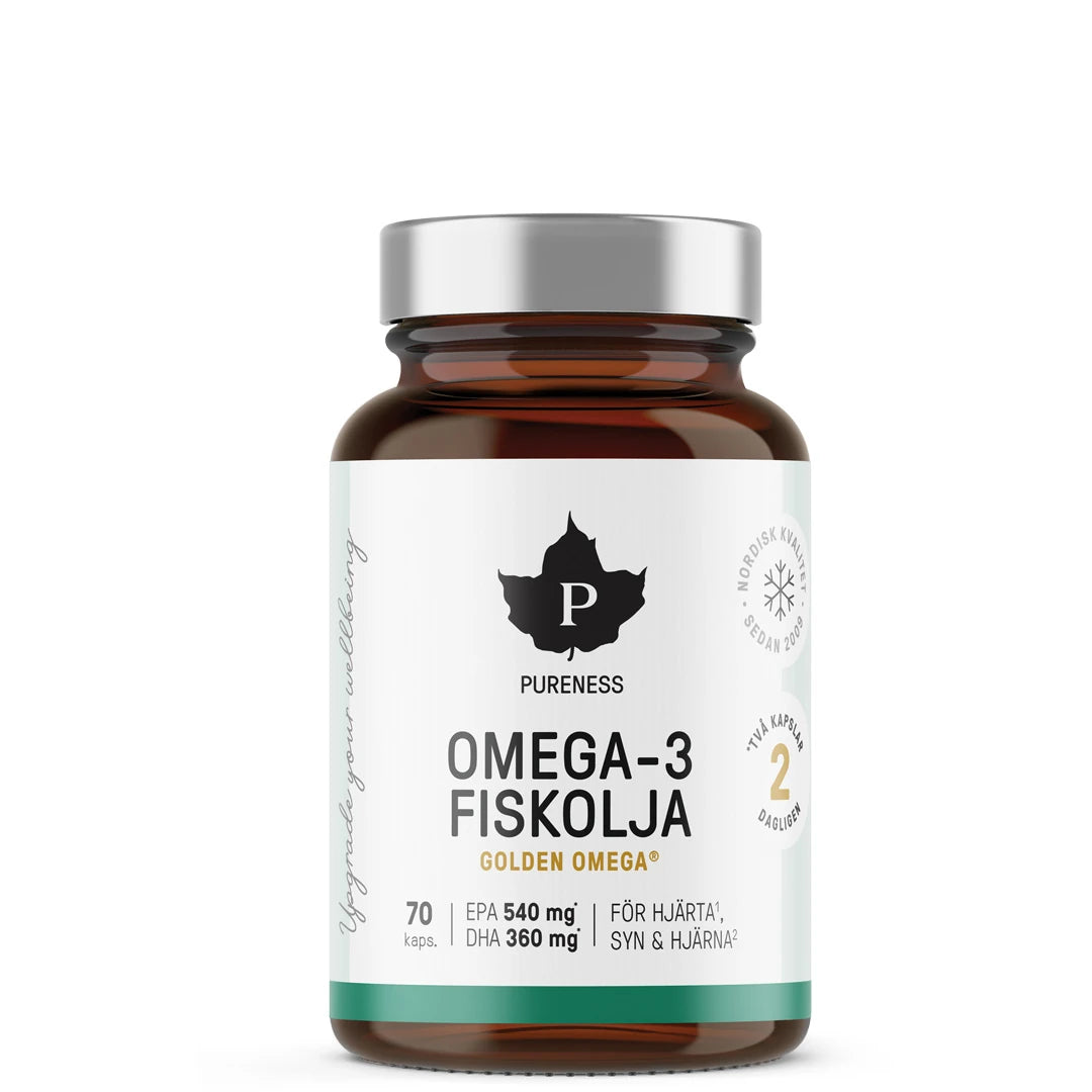 Pureness Omega-3 Fiskolja 70 caps, förpackad i en mörkbrun burk med silverfärgat lock och stilren vit etikett., bild 1 av 1