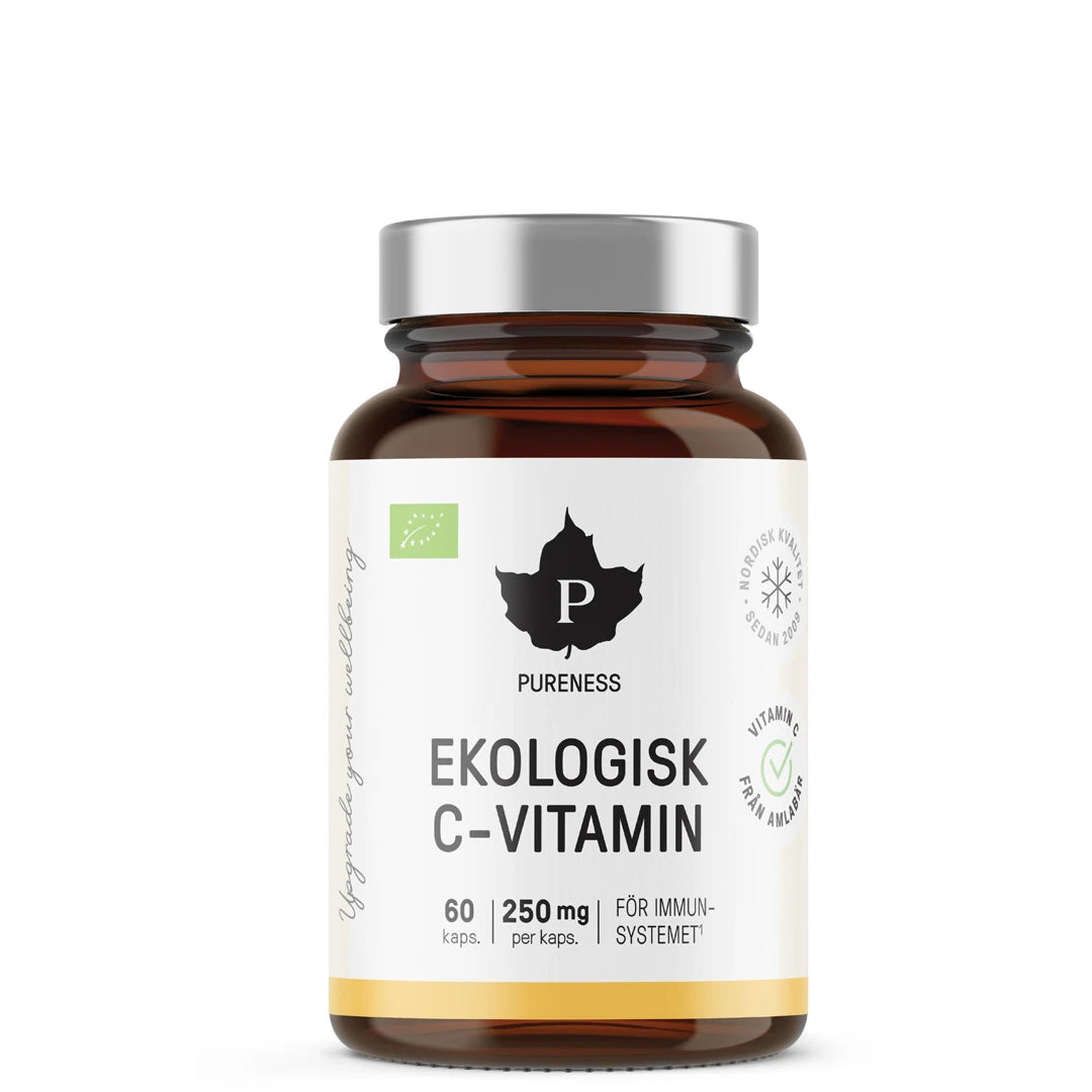 Pureness Ekologisk C-vitamin 60 caps med veganska kapslar i en mörk burk med vit etikett och silverlock., bild 1 av 1