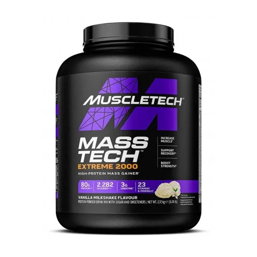 Muscletech Mass-Tech Extreme 2000 2.72 kg gainer i en svart burk med lila detaljer och smaken Vanilla Milkshake., bild 1 av 1