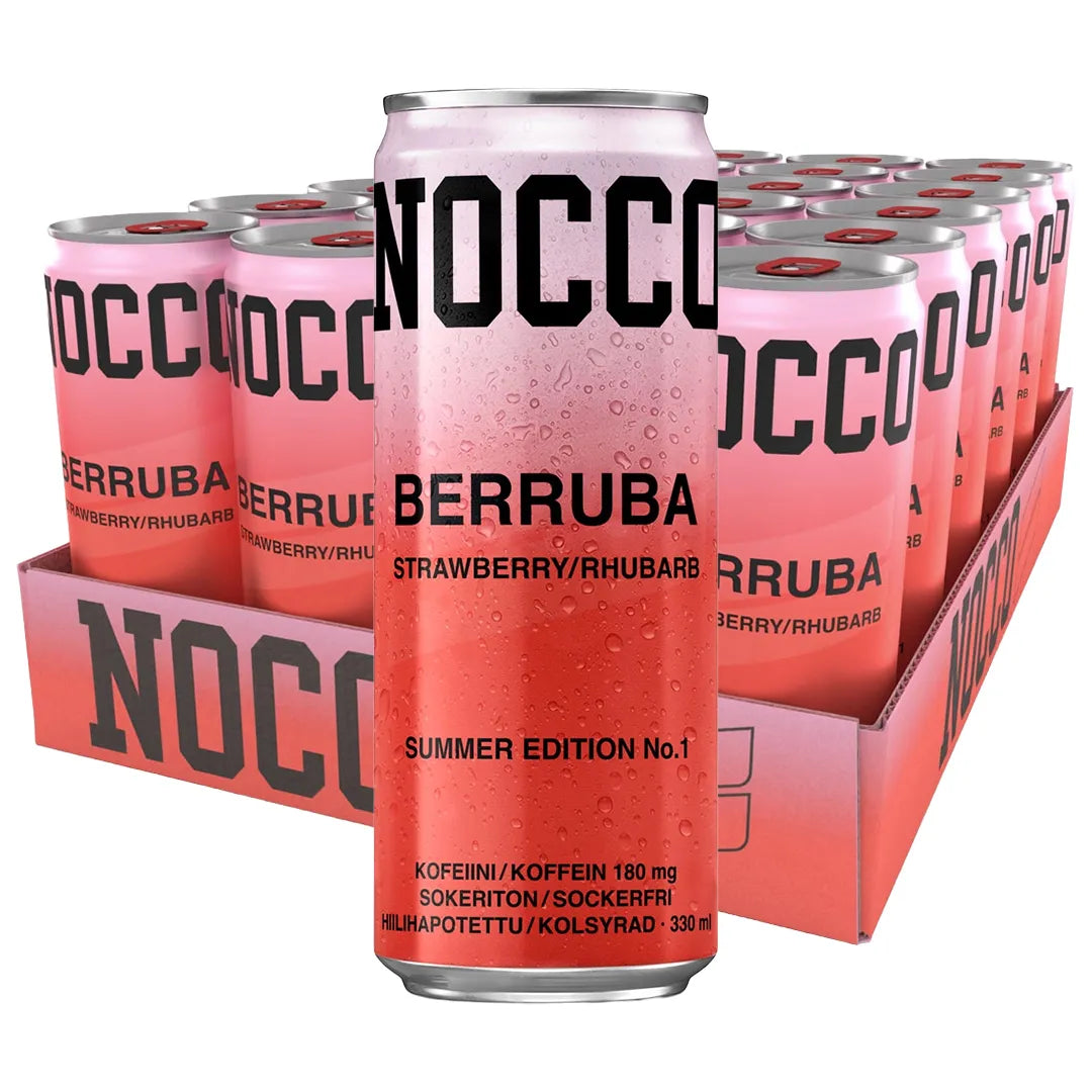 24 x NOCCO BCAA 330 ml Berruba i ett flak med rosa och röda burkar.