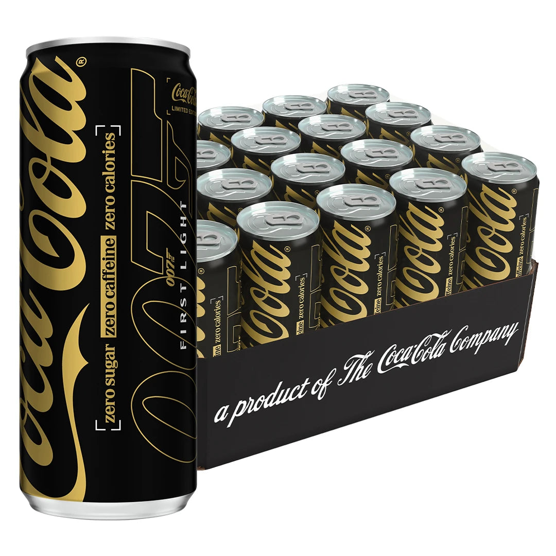 20 x Coca-Cola Zero 330 ml Koffeinfri i ett svart flak med matchande svarta burkar med guldiga detaljer., bild 1 av 1