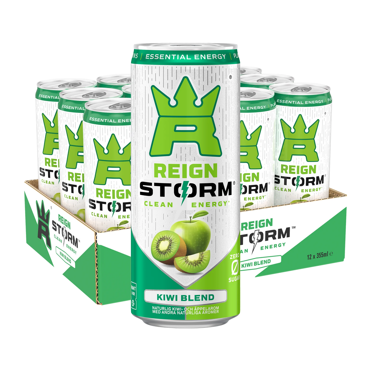 12 x Reign Storm Energy 355 ml Kiwi Blend i ett grönt och vitt flak med matchande burkar., bild 1 av 1