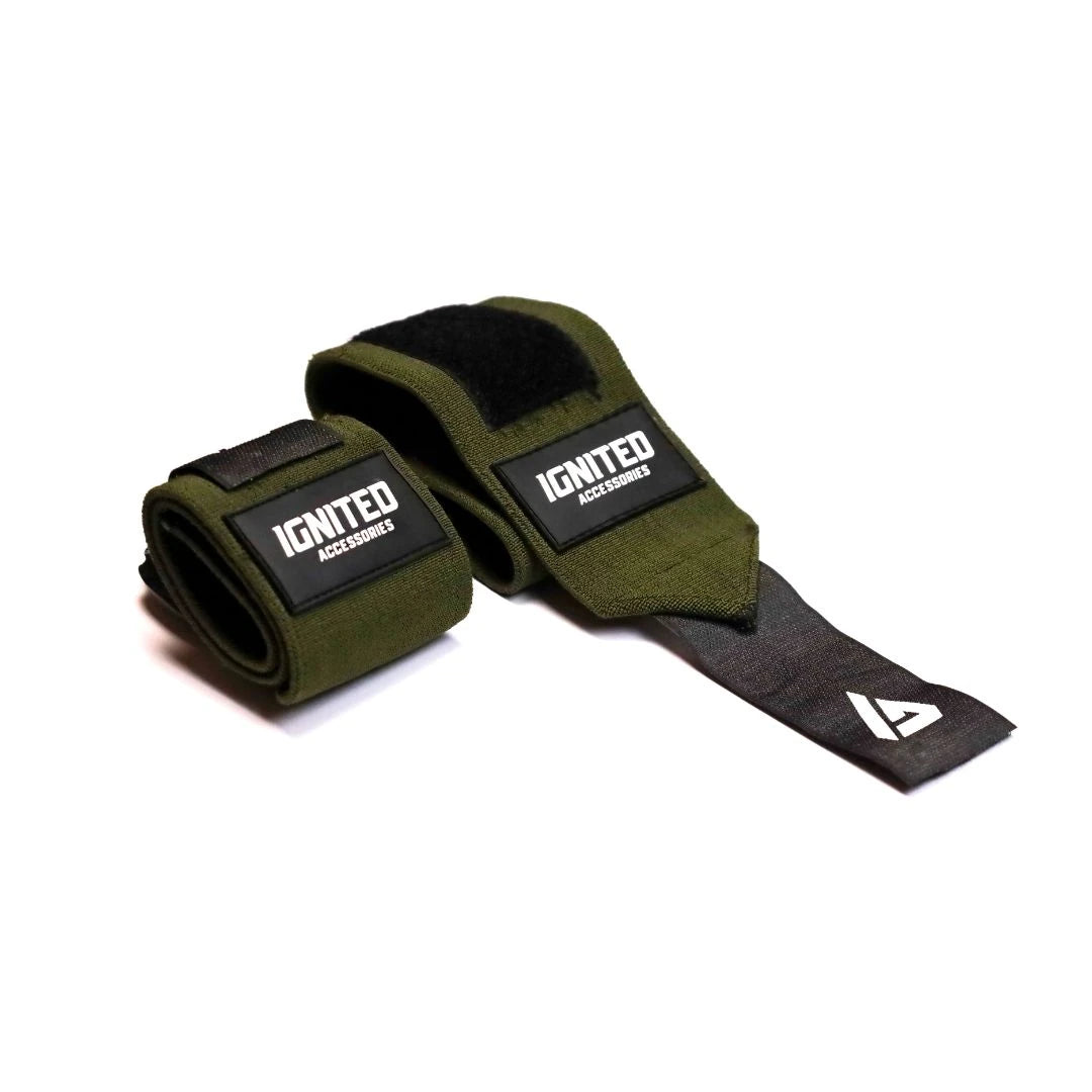 Ignited Pro Wrist Wraps Military Green 13", militärgröna handledslindor i bomull med svarta detaljer för tunga lyft., bild 1 av 1