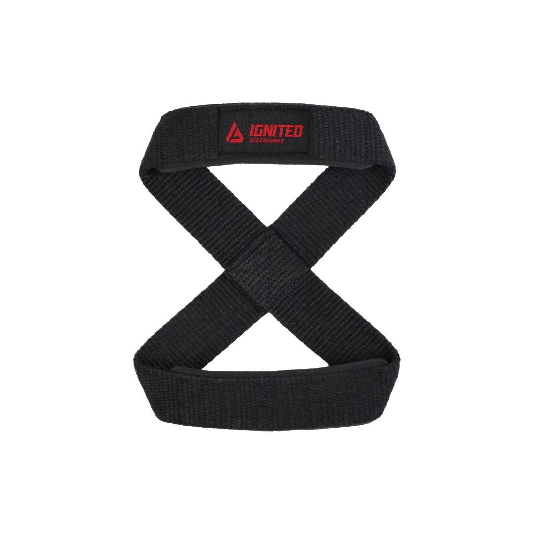 Svarta Ignited Figure 8 Lifting Straps i slitstark bomull med röda logotypdetaljer, designade som en åtta för tunga lyft., bild 1 av 4