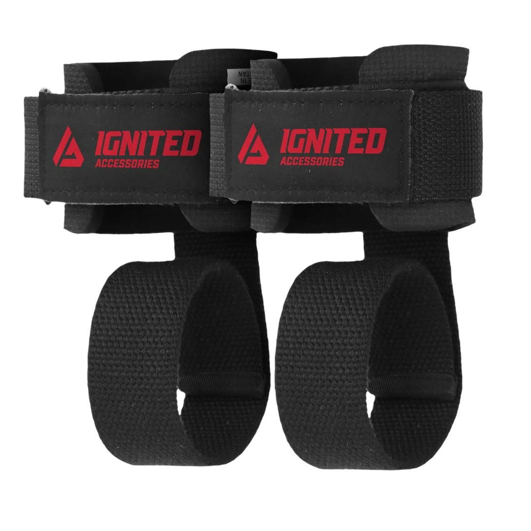 Ignited Supported Lifting Straps Black, två svarta dragremmar i canvas och neopren med röda logotyper för tunga lyft., bild 1 av 1