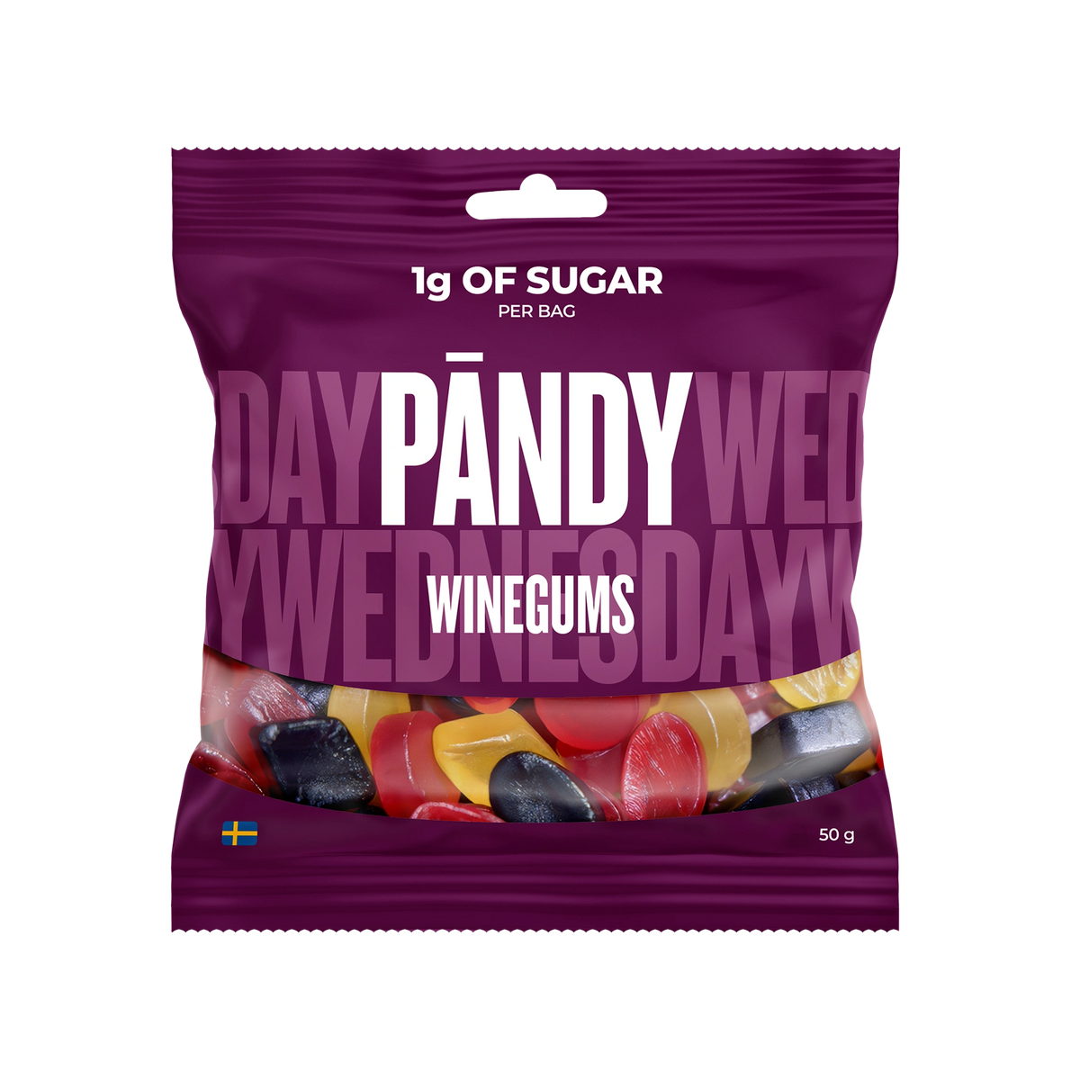 Pändy Candy 50 g Winegums i en lila påse fylld med färgglada vingummin.