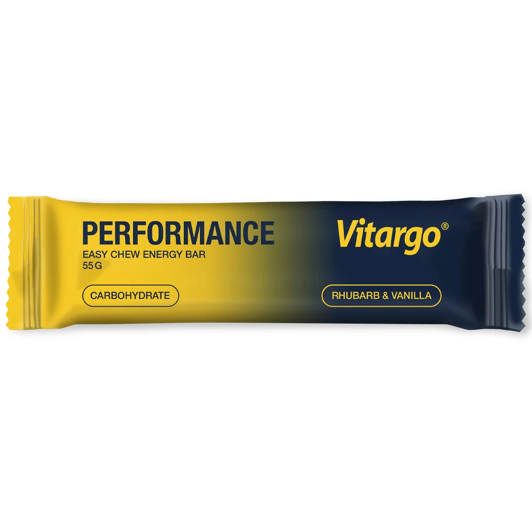 Vitargo Performance Bar 55 g kolhydratbar i en gul och mörkblå förpackning för smaken rabarber och vanilj., bild 1 av 1