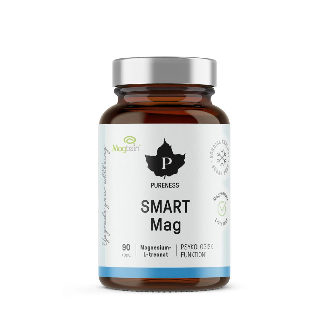 Pureness Smart Mag 90 caps magnesiumtillskott i en brun burk med silverlock och vit etikett med blå detaljer., bild 1 av 1