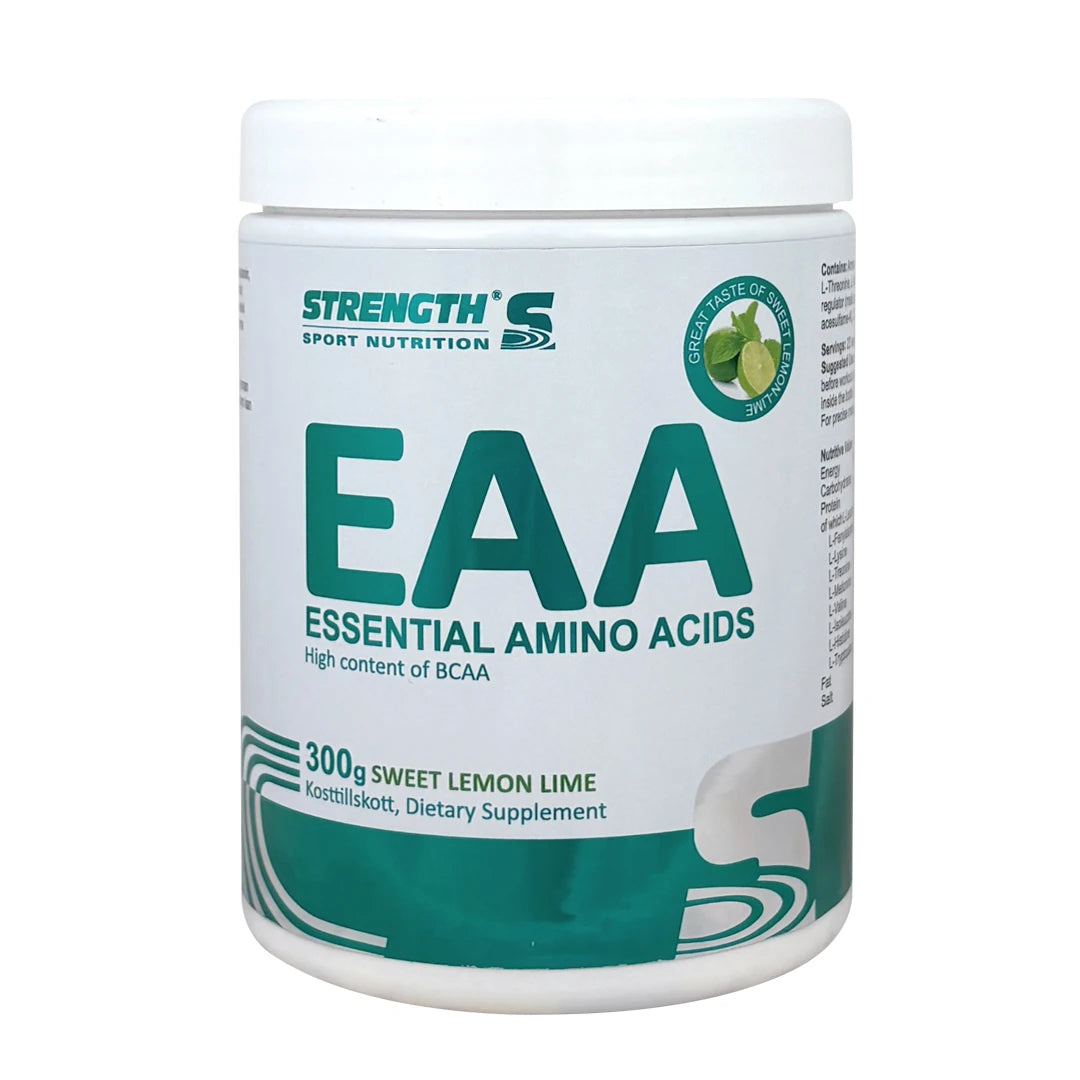 Strength Sport Nutrition EAA 300 g aminosyror i en vit burk med gröna detaljer för smaken Sweet Lemon Lime., bild 2 av 3