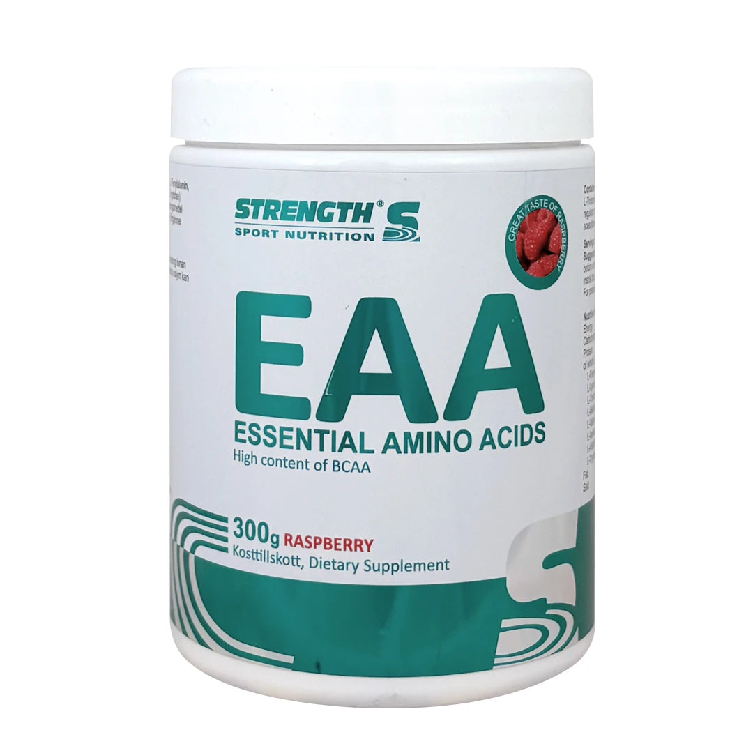 Strength Sport Nutrition EAA 300 g aminosyror i en vit burk med gröna detaljer för smaken Raspberry., bild 1 av 3