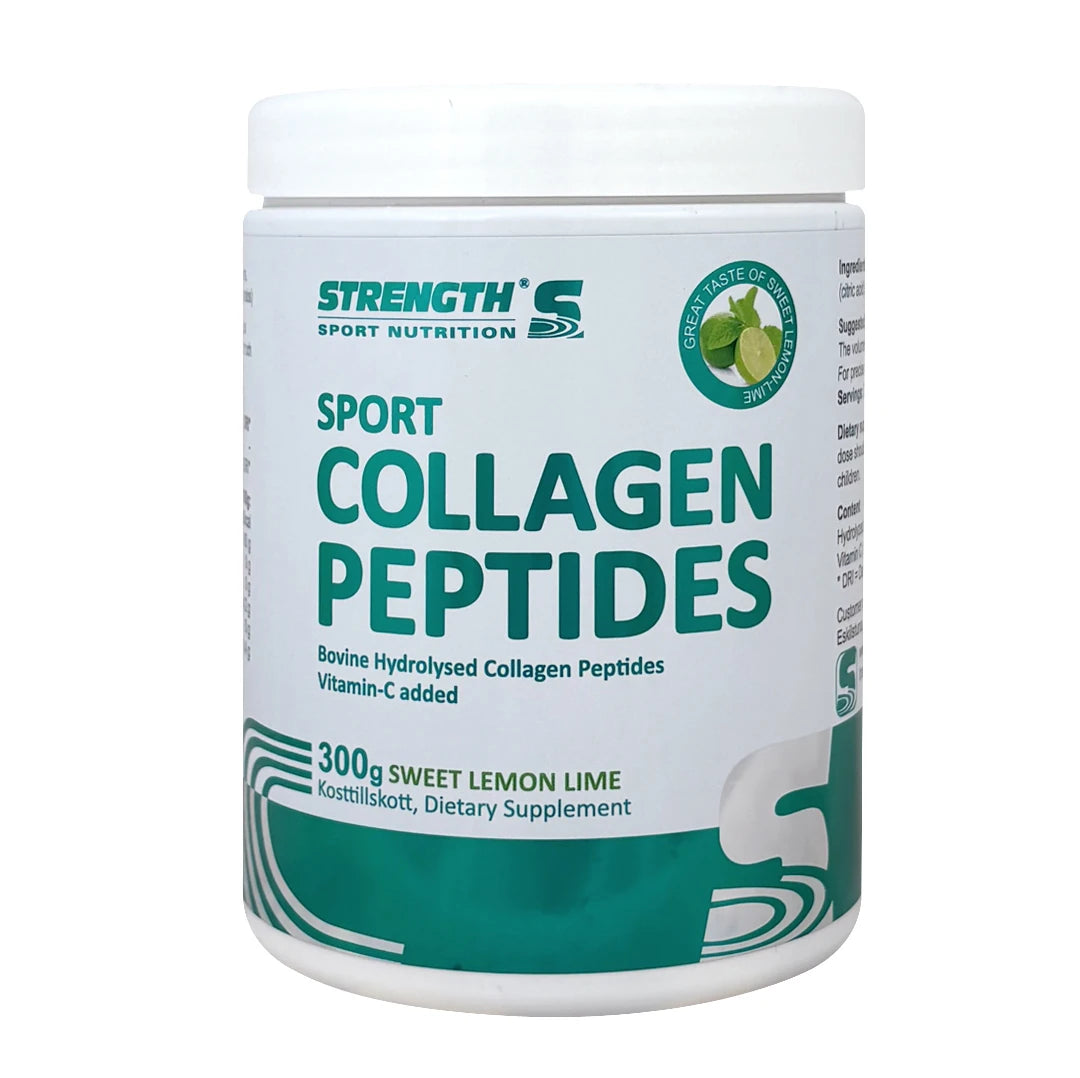 Strength Sport Nutrition Collagen Peptides 300 g i en vit plastburk med gröna detaljer för smaken Sweet Lemon Lime., bild 2 av 2