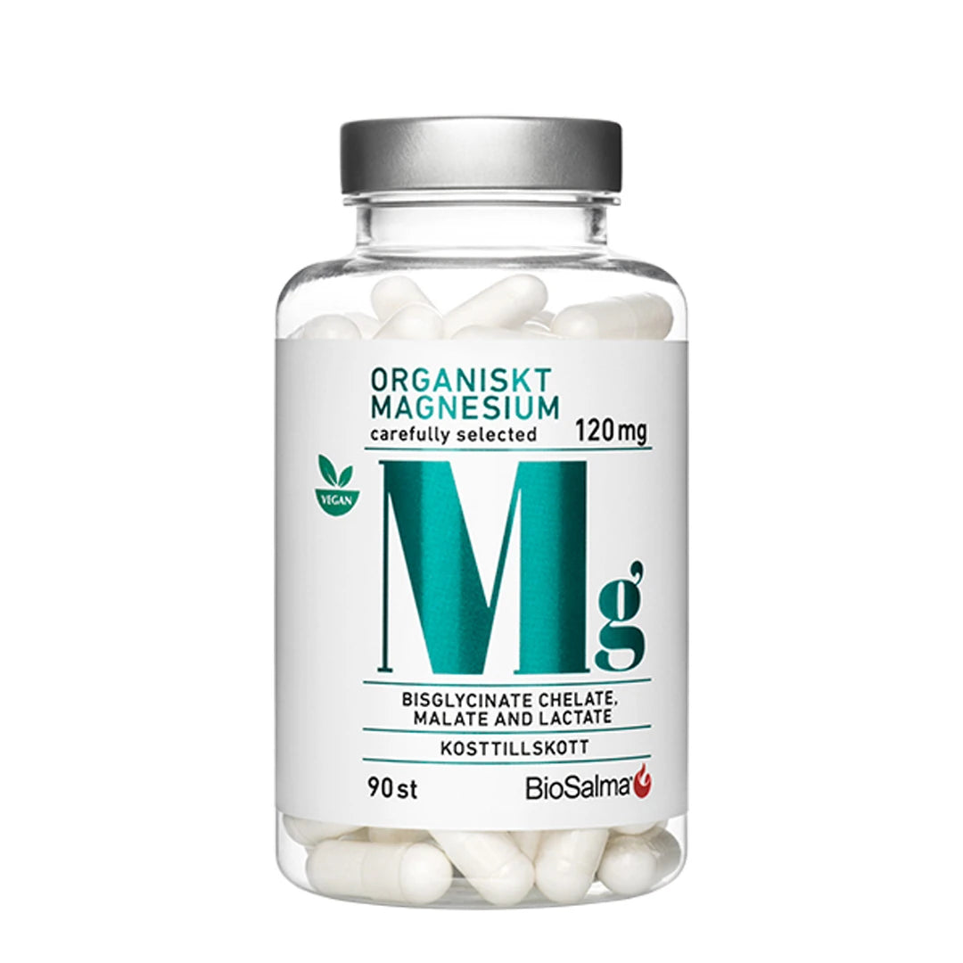 BioSalma Organiskt Magnesium 120 mg 90 tabs i en transparent burk med silvrigt lock och vita kapslar., bild 1 av 1