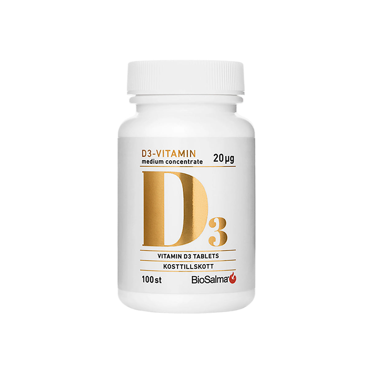 BioSalma D3 Vitamin Medium Concentrate 20 ug 100 tabs kosttillskott i en vit plastburk med gul text., bild 1 av 1