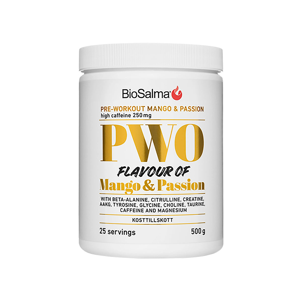 BioSalma PWO 500 g PWO-pulver i en vit burk med gula detaljer för smaken Mango Passion.