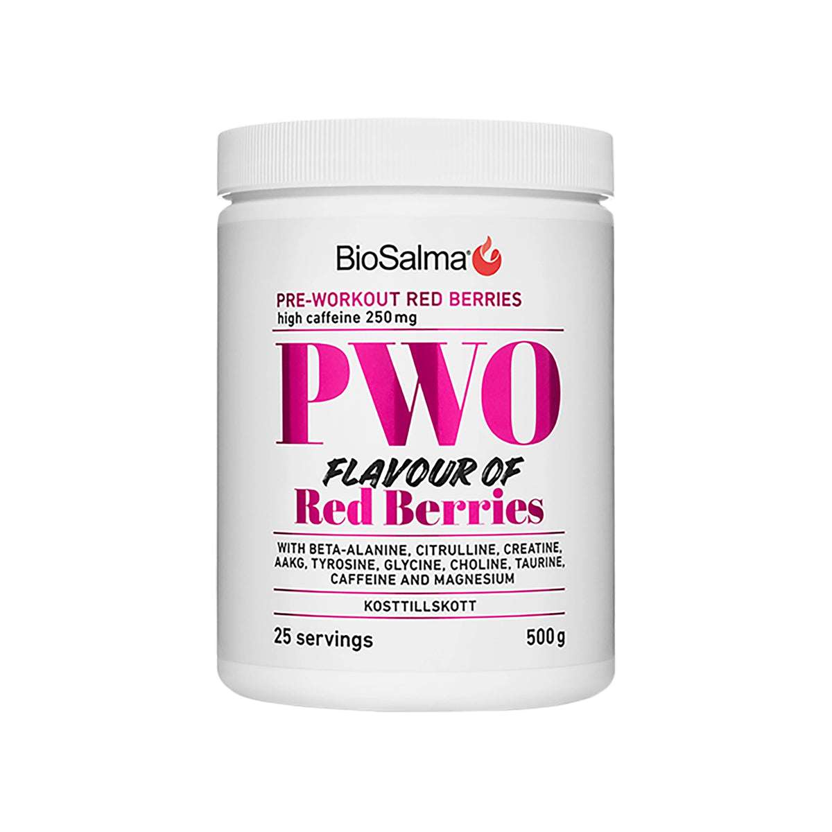 BioSalma PWO 500 g PWO-pulver i en vit burk med rosa detaljer och smaken Red Berries.