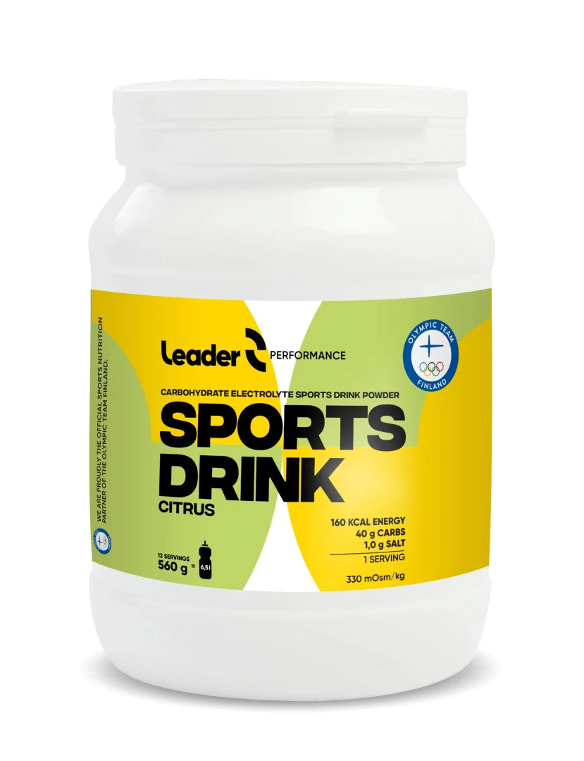 Leader Performance Sport Drink 540 g sportdryckspulver i en vit burk med gul etikett och smak av Citrus., bild 1 av 1