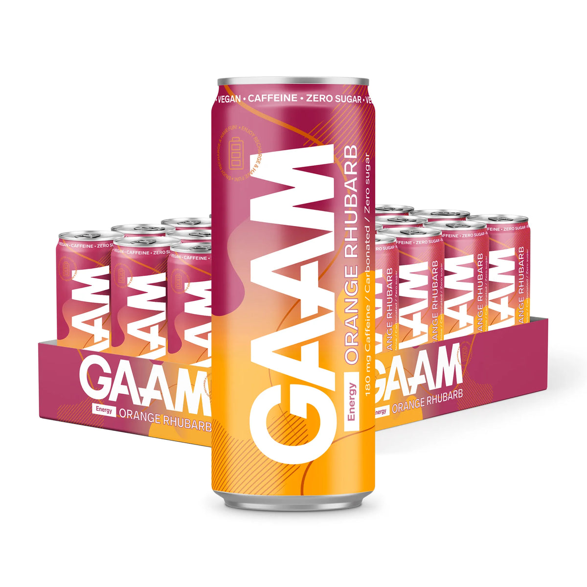 24 x GAAM Energy 330 ml Orange Rhubarb i ett rosa och orange flak med matchande burkar., bild 1 av 1