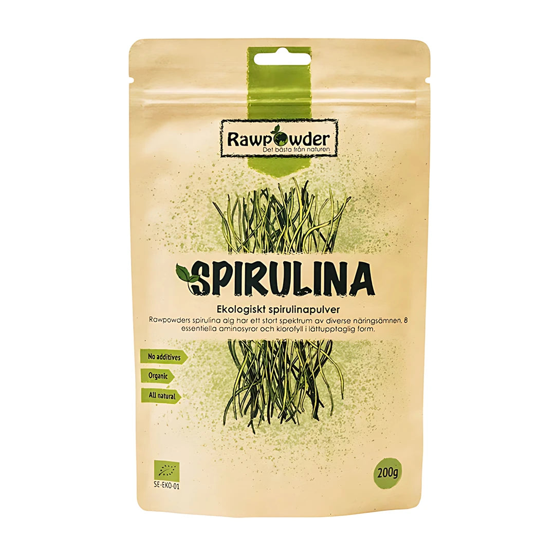Rawpowder Spirulinapulver 200 g ekologiskt kosttillskott i en beige papperspåse med gröna detaljer., bild 1 av 1