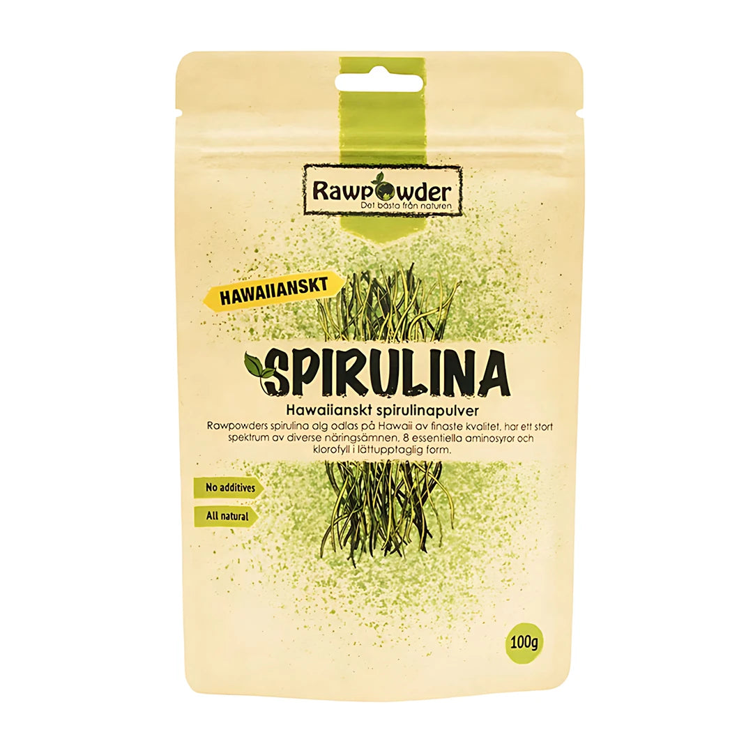 Rawpowder Spirulinapulver Hawaii 100 g i en ljus förpackning med grön text och gröna detaljer., bild 1 av 1