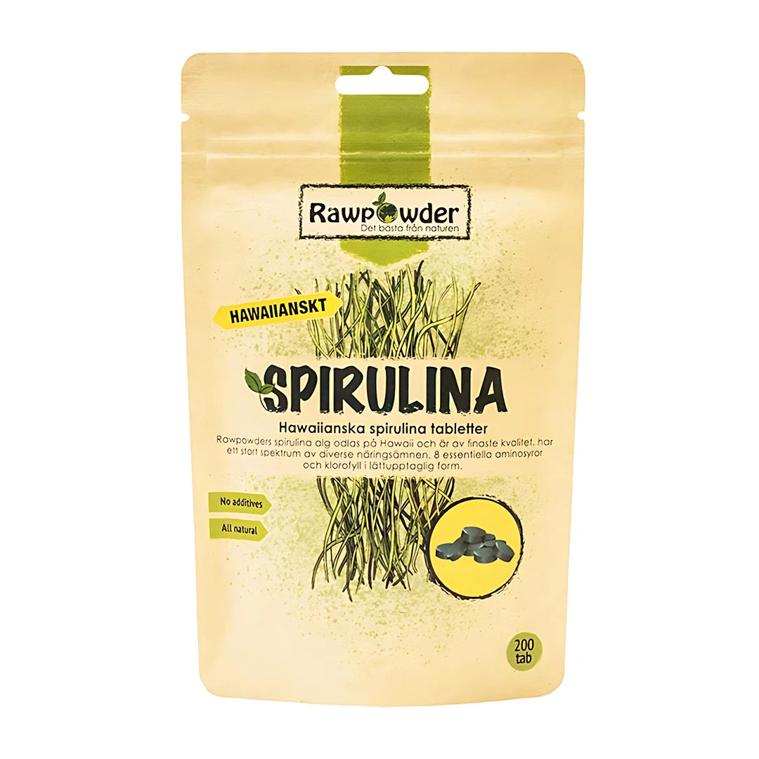 Rawpowder Spirulina Hawaii 200 tabs i en beige papperspåse med gröna detaljer och illustrationer., bild 1 av 1