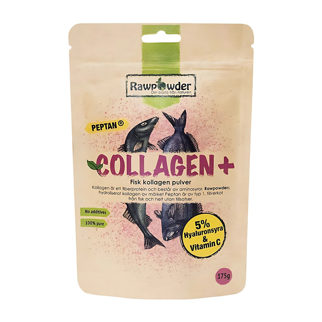 Rawpowder Collagen+ 175 g är ett fiskkollagenpulver i en beige påse med lila text och illustrationer av fiskar., bild 1 av 1
