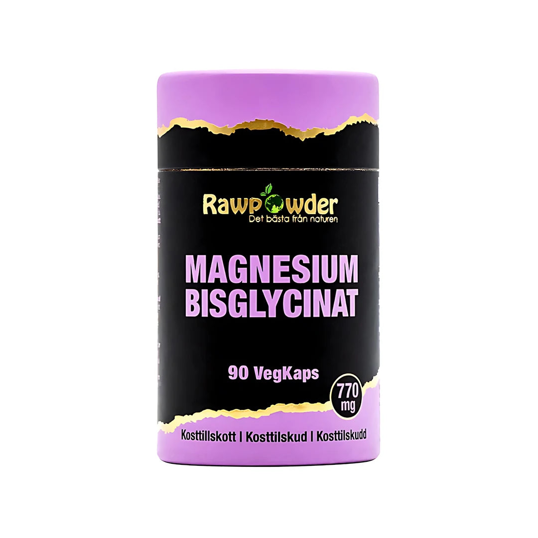 Rawpowder Magnesium Bisglycinat 90 caps kosttillskott i en svart burk med lila detaljer., bild 1 av 1