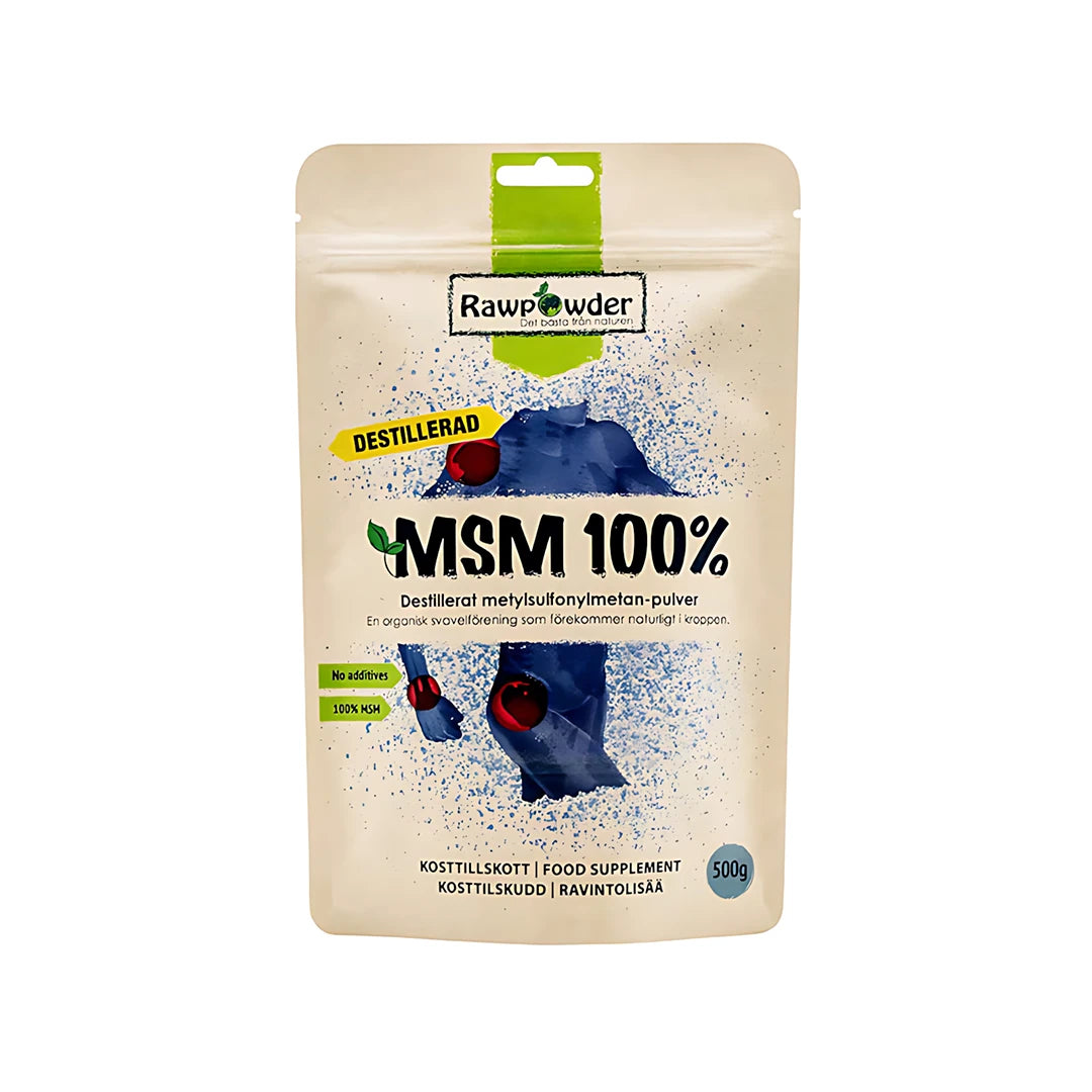 Rawpowder 100% MSM 500 g kosttillskott i pulverform, förpackad i en ljus påse med blå illustration och svarta textdetaljer., bild 1 av 1