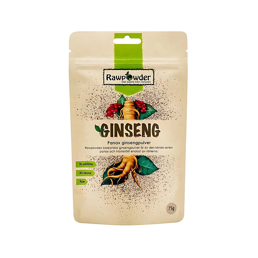 Rawpowder Ginsengpulver 75 g i en beige påse med gröna detaljer och illustration av ginsengrot., bild 1 av 1