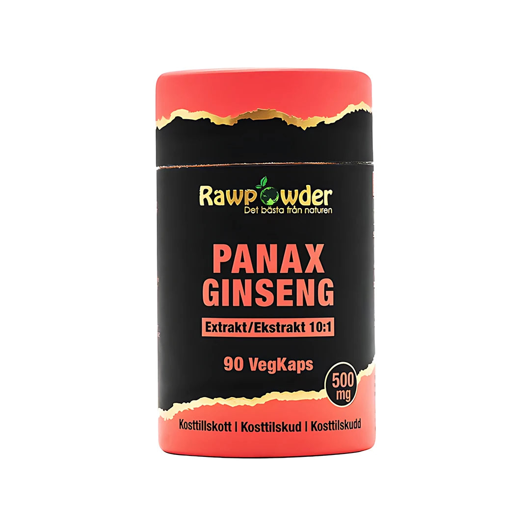 Rawpowder Panax Ginseng 90 caps kosttillskott i en svart burk med röda detaljer., bild 1 av 1