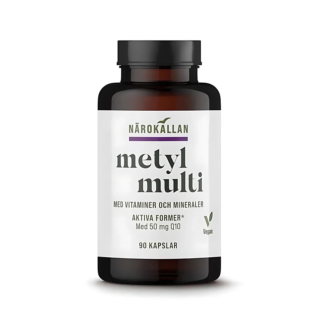 Närokällan Metyl Multivitamin 90 caps i en mörkbrun burk med vit etikett och svart lock., bild 1 av 1