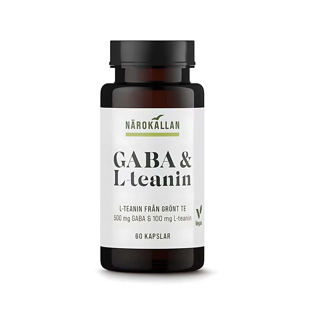 Närokällan GABA + L-Teanin 60 caps i en mörkbrun burk med svart lock och vit etikett., bild 1 av 1