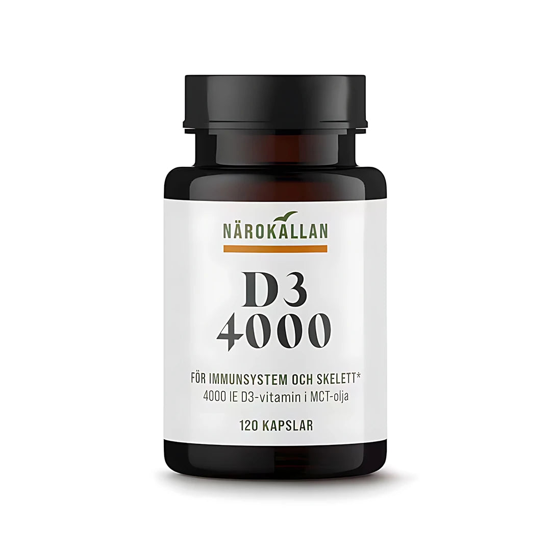 Närokällan D3 4000 IE 120 caps är ett D-vitamintillskott i en mörk burk med vit etikett., bild 1 av 1