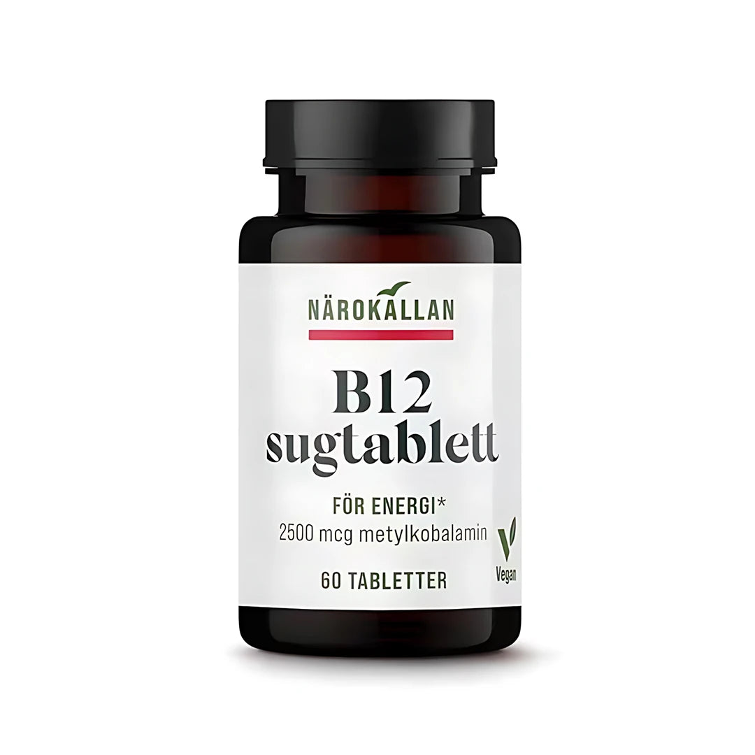 Närokällan B12 Sugtablett 60 tabs i en mörk burk med vit etikett och svart lock., bild 1 av 1