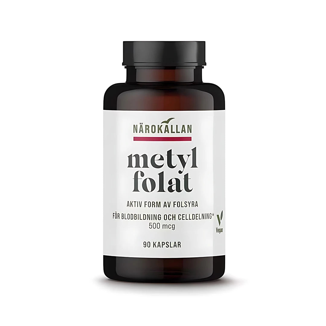 Närokällan Metylfolat 90 caps veganskt kosttillskott i en mörkbrun burk med vit etikett och svart text., bild 1 av 1