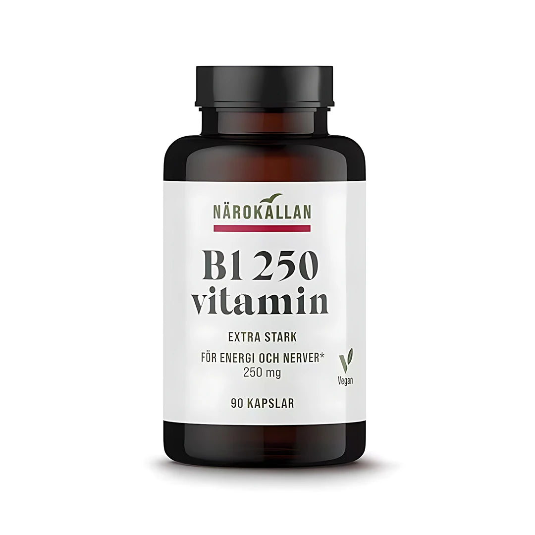 Närokällan B1 250 mg 90 caps kosttillskott i en mörkbrun burk med vit etikett., bild 1 av 1