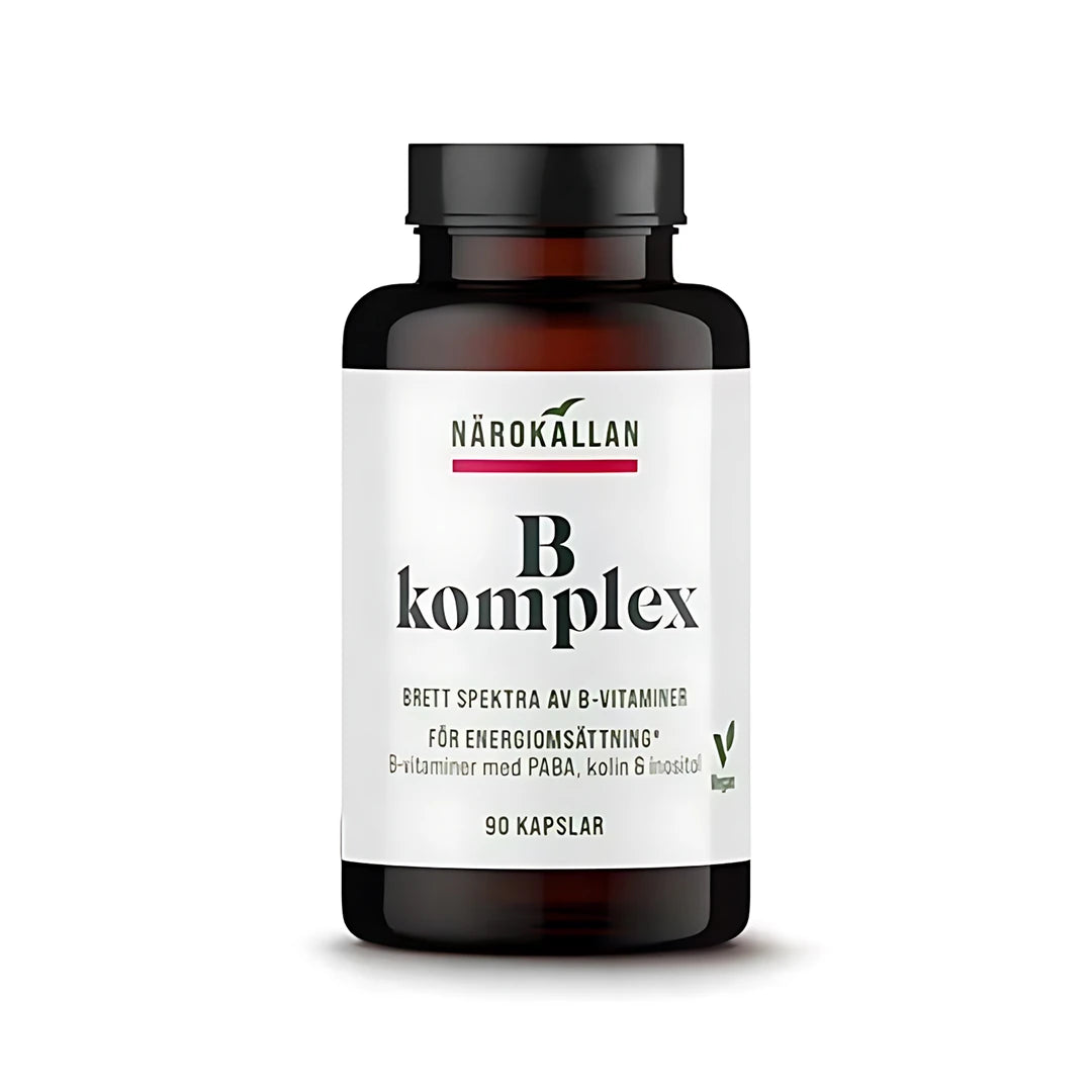 Närokällan B-komplex 90 caps i en mörkbrun burk med vit etikett, ett veganskt kosttillskott med alla B-vitaminer., bild 1 av 1