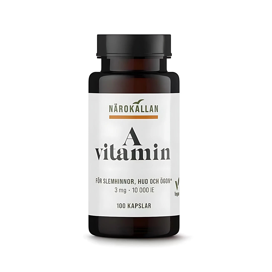 Närokällan A-vitamin 100 caps kosttillskott i en mörk burk med vit etikett och svart lock., bild 1 av 1