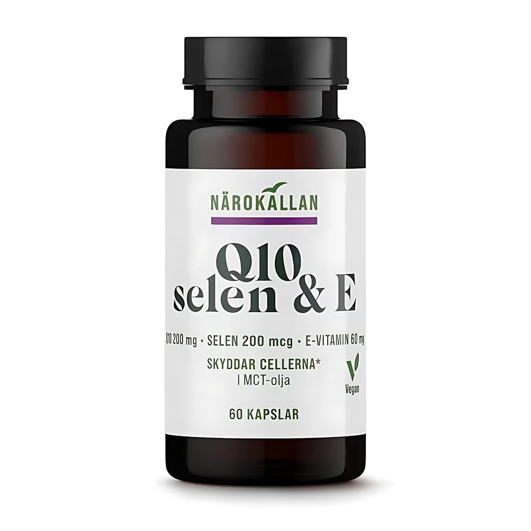 Närokällan Q10 200 mg + Selen &amp; E 60 caps i en mörk burk med vit etikett och tydlig text., bild 1 av 1