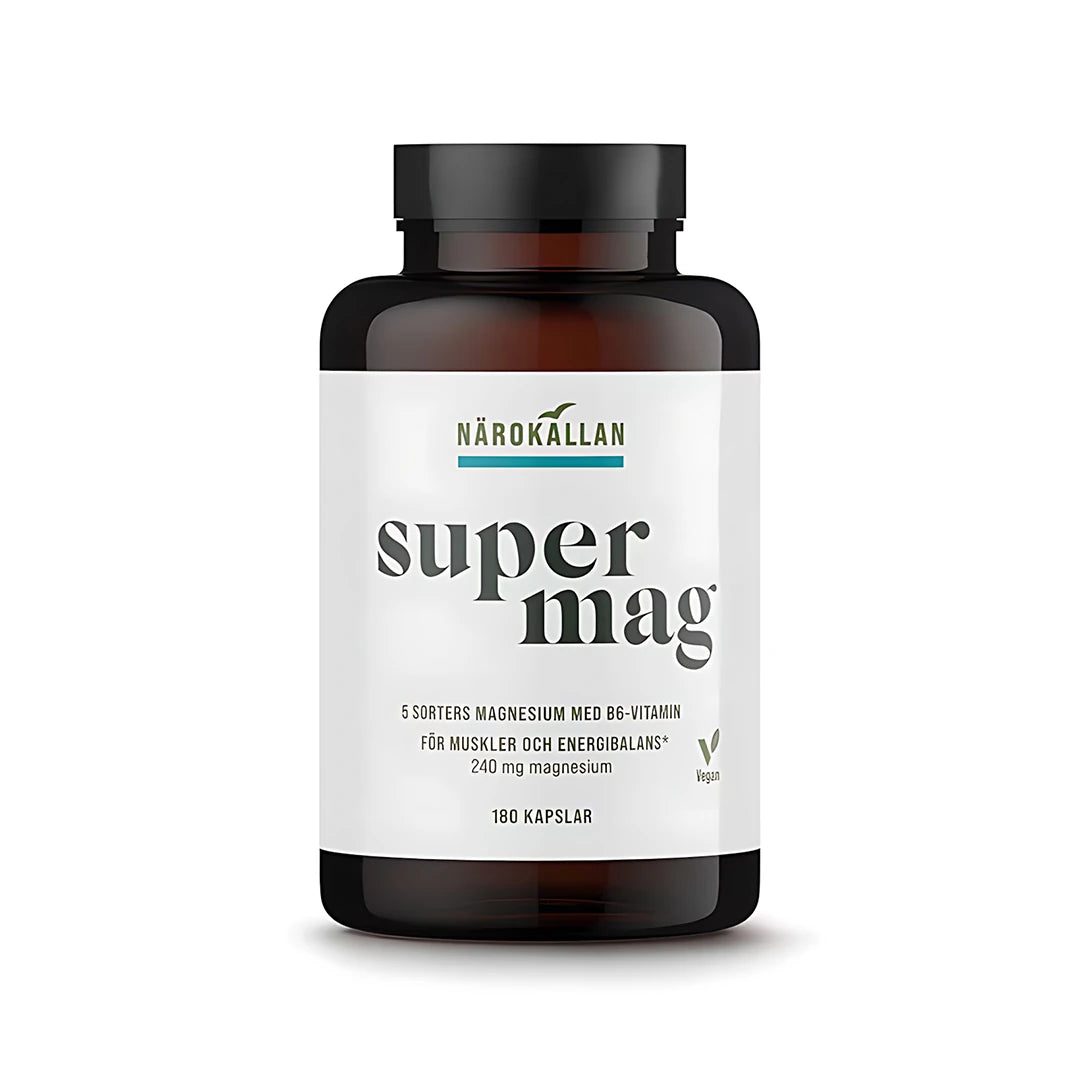 Närokällan Super Mag 180 caps magnesiumtillskott i en brun burk med vit etikett och texten super mag., bild 1 av 1