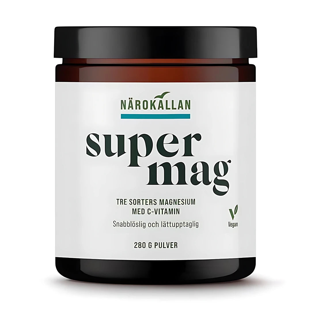 Närokällan Super Mag Pulver 280 g veganvänligt magnesium i en mörkbrun burk med vit etikett och svart lock., bild 1 av 1