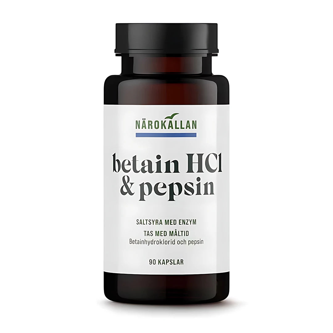 Närokällan Betain HCL pepsin 90 caps kosttillskott i en mörkbrun burk med vit etikett., bild 1 av 1